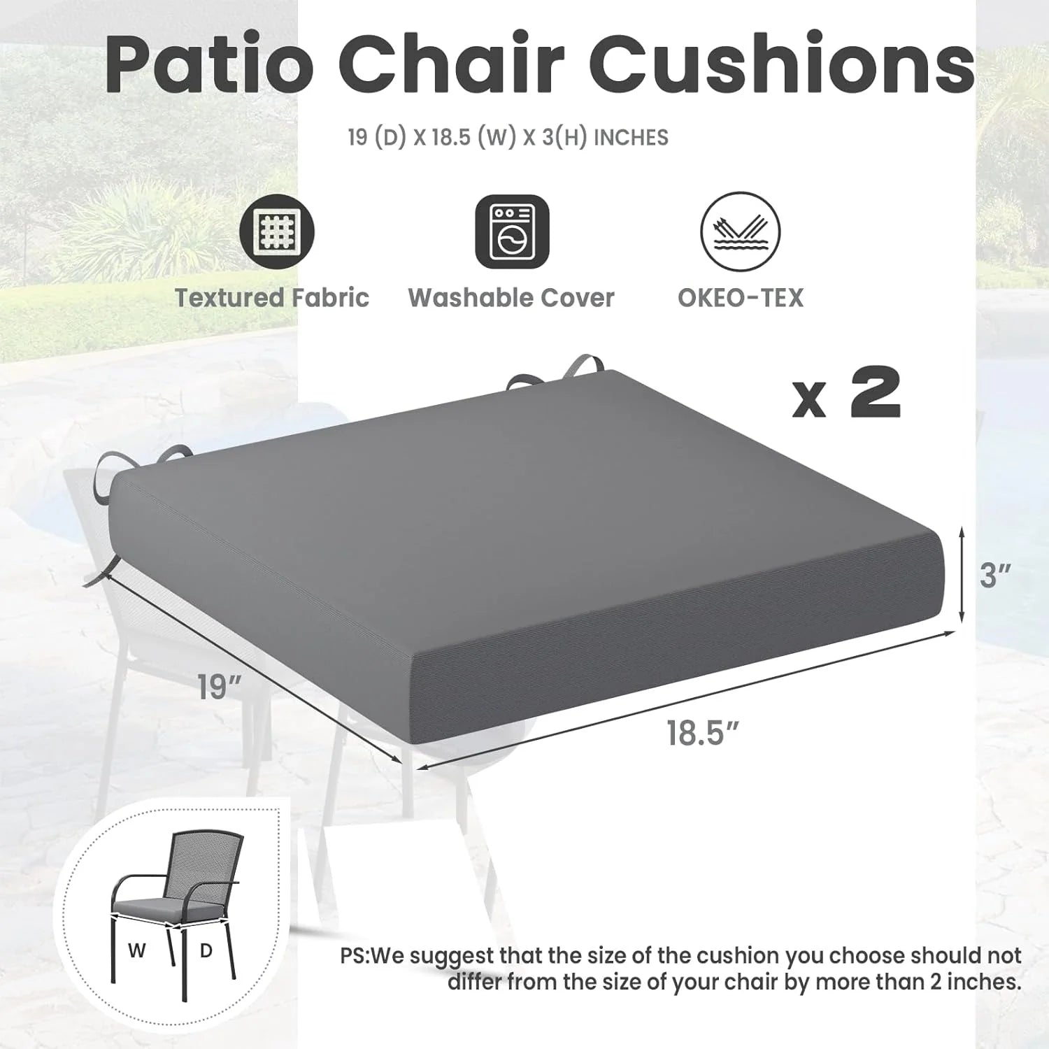AECOJOY Outdoor Chair Cushions, 19 x 19 x 3 Inch Seat Cushions for Patio Furniture, Splashproof & Fade Resistant, Beige&Dark Grey