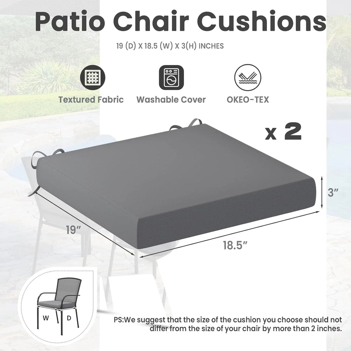 AECOJOY Outdoor Chair Cushions, 19 x 19 x 3 Inch Seat Cushions for Patio Furniture, Splashproof & Fade Resistant, Beige&Dark Grey