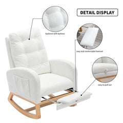 Modern Accent Rocking Chair with Pull - Out Footrest, Nursery Glider Chair with Solid Wood Legs & Side Pocket, Upholstered Lounge Chair with High Backrest, White