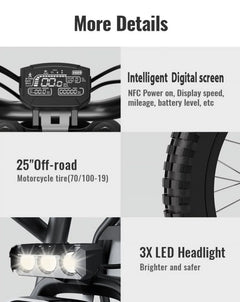 2000W Electric Dirt Bike for Adults Ridingtimes GT73 UL2849, Brushless Hub Motor, 18.2ah*2 Electric Bike with 25\ Tires Digital Screen Carbon Steel