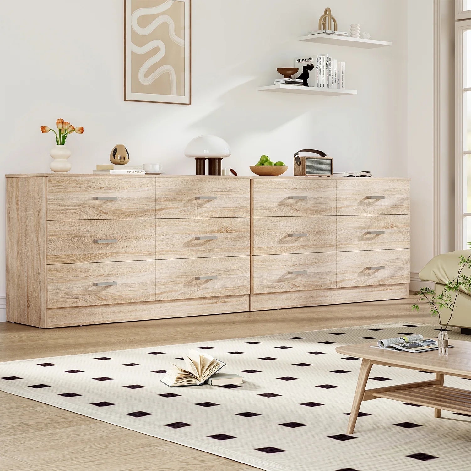 Winkalon 6 Drawer Oak Double Dresser, Wood Storage Cabinet with Easy Pull Out Handles for Living Room, Chest of Drawers for Bedroom