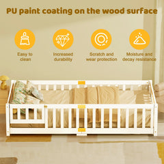 Slsy Twin Size Toddler Floor Bed, Solid Wood Montessori Bed Frame with Fence & Door Montessori Floor Bed Crib with Safety Guardrails for Girls and Boys