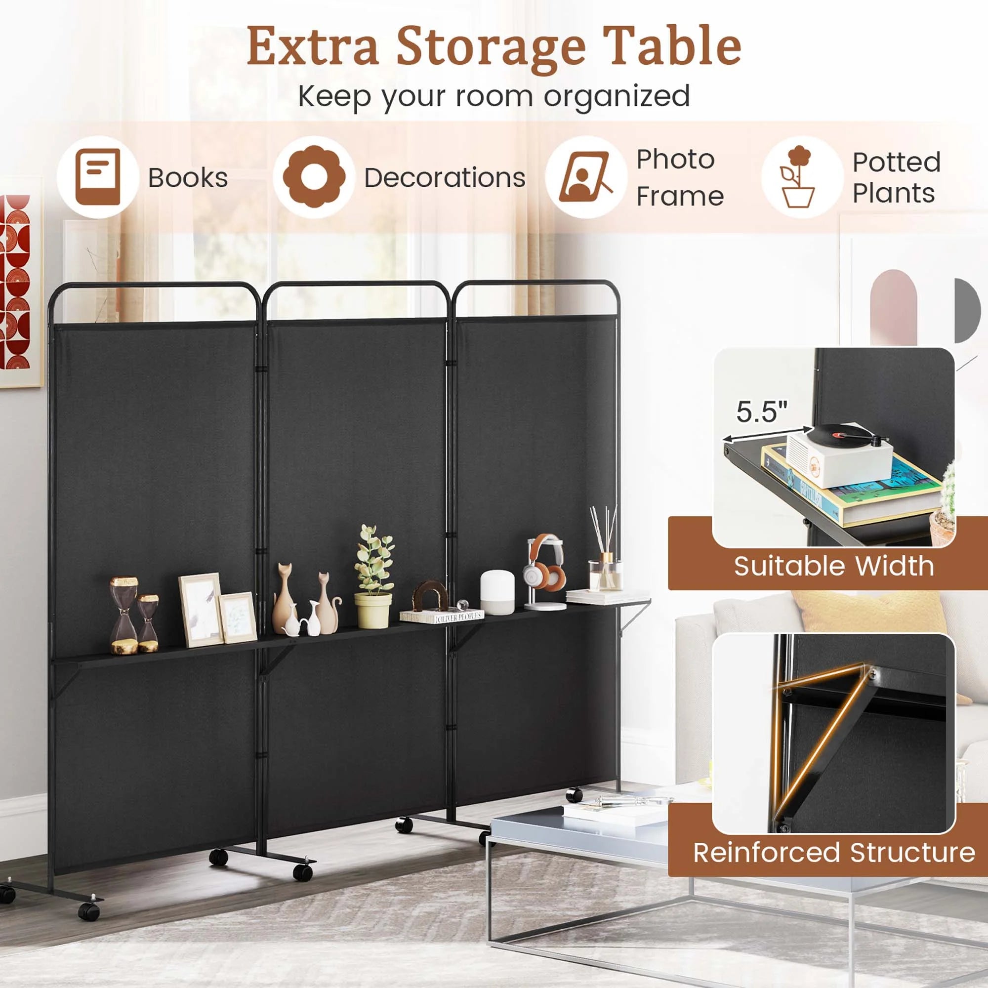 Costway 3 - Panel Room Divider with Storage Shelves 6FT Tall Folding Privacy Screen on Wheels Black