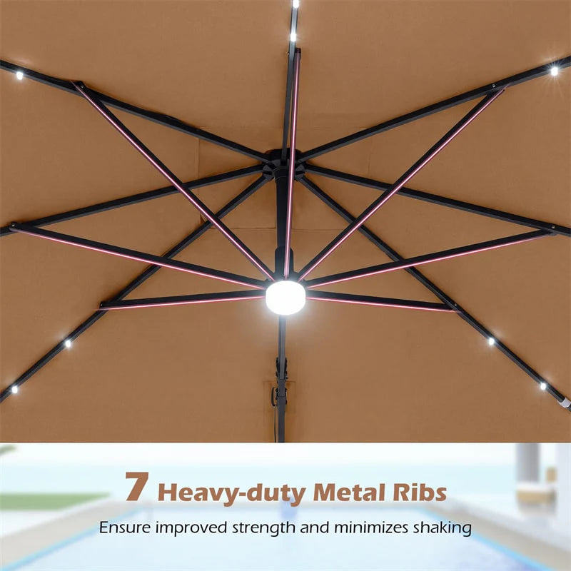 10 FT Cantilever Patio Umbrella with 32 Solar LED Lights, 360° Rotation & Easy Tilt, Square Outdoor Offset Hanging Umbrella with Cross Base