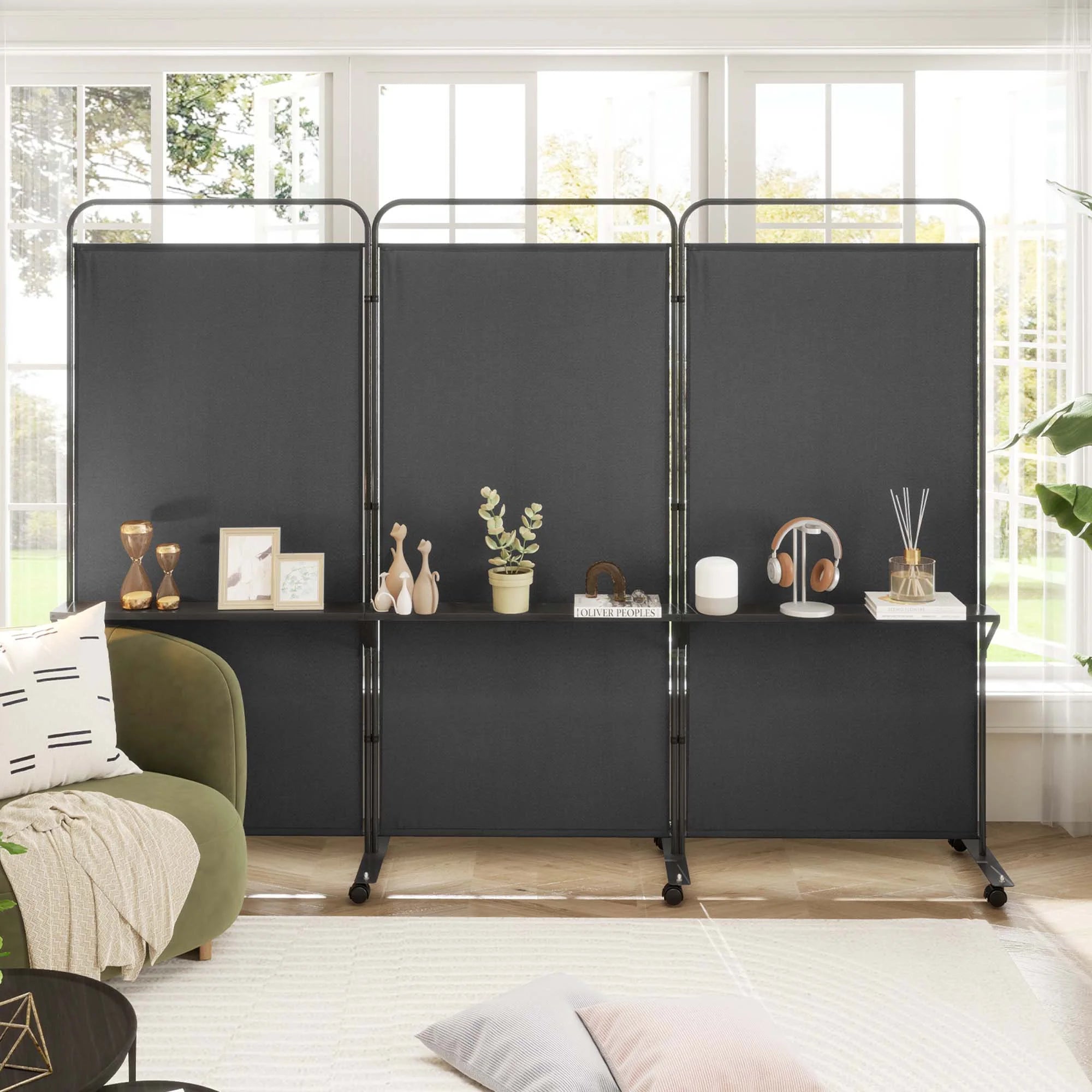 Costway 3 - Panel Room Divider with Storage Shelves 6FT Tall Folding Privacy Screen on Wheels Black