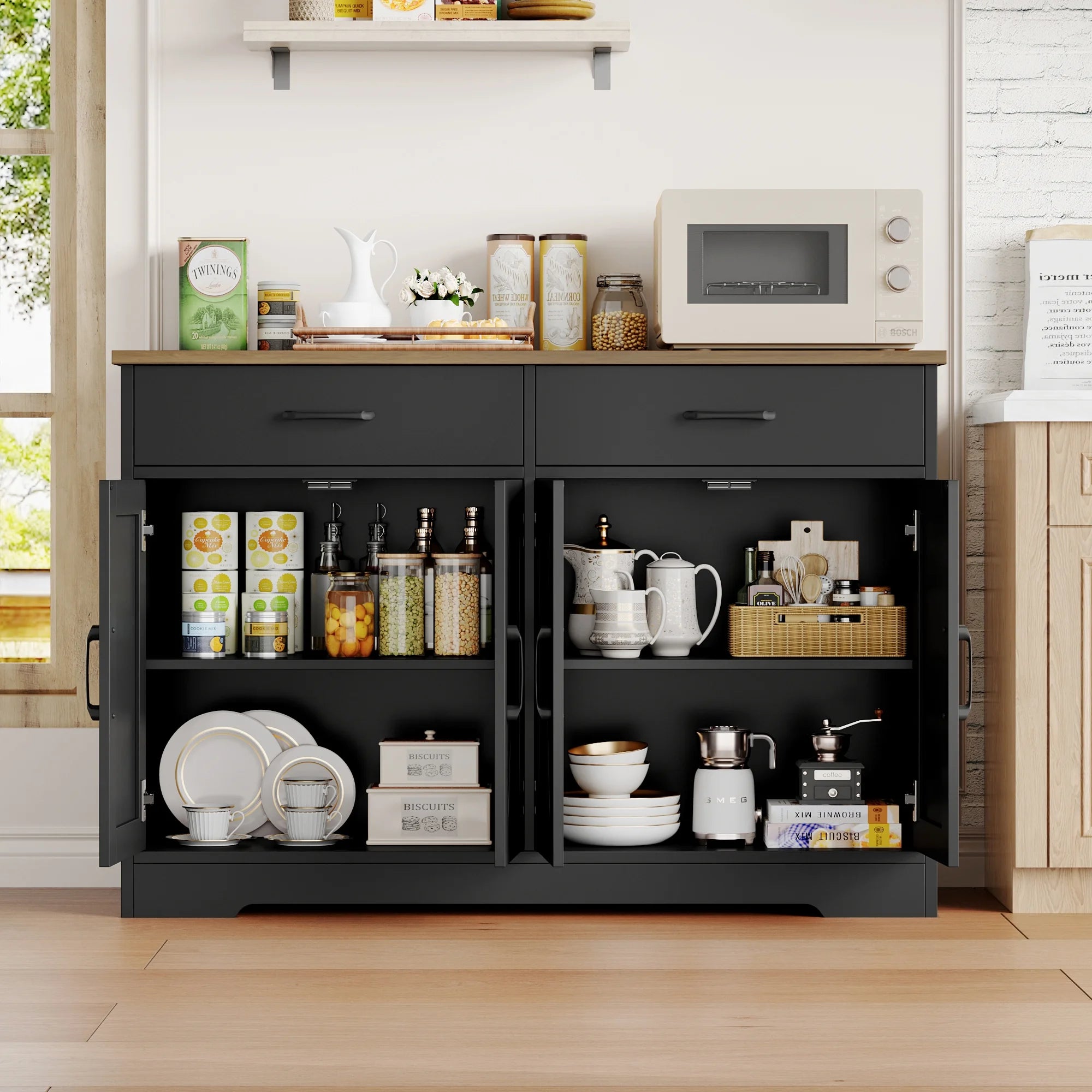 Hiphuta 47"farmhouse Sideboard Storage Cabinets with 4 Doors & 2 Drawers, Coffee Bar with Brown Top for Living Room, White