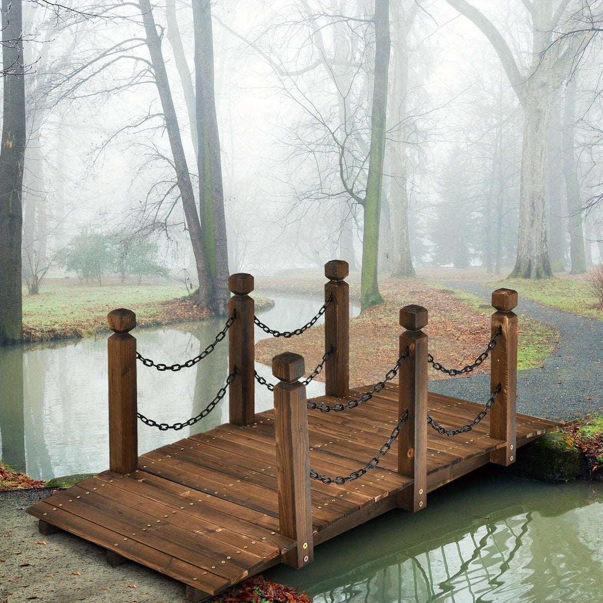 5ft Rustic Wooden Garden Bridge with Railings - Sturdy Fir Footbridge, Weather - Resistant Outdoor Walkway for Weddings, Home Decor, and Gardens, Supports up to 500 lb, Natural Brown Finish