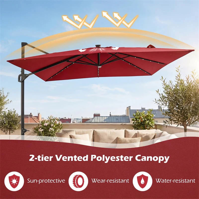 10 FT Cantilever Patio Umbrella with 32 Solar LED Lights, 360° Rotation & Easy Tilt, Square Outdoor Offset Hanging Umbrella with Cross Base