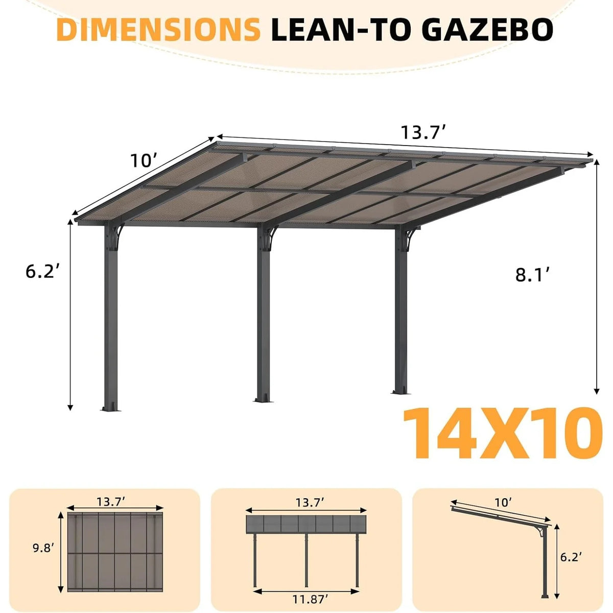 AECOJOY 14' x 10' Gazebo for Patio, Hard Top Lean to Gazebo Pergola Carport