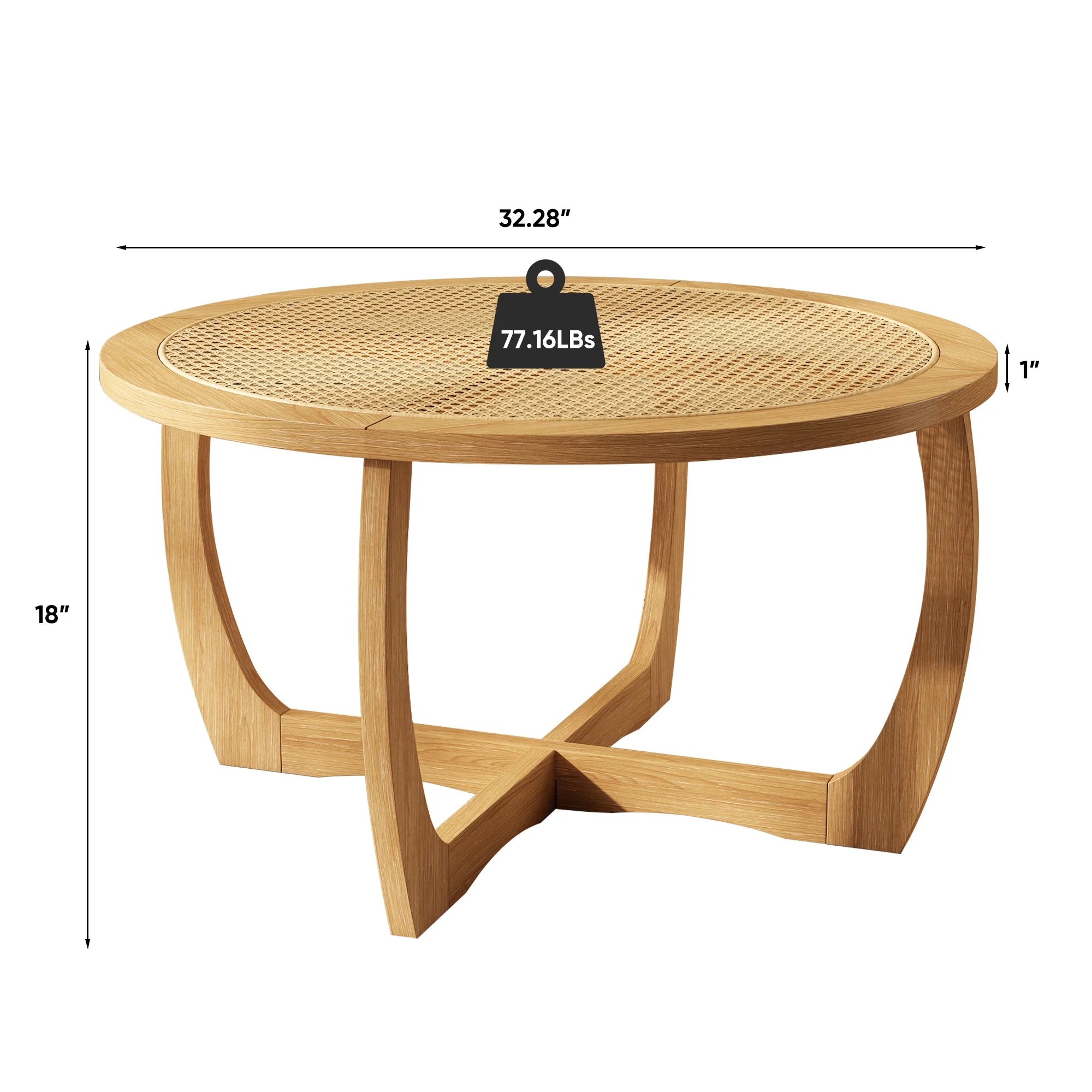 Round Wood Coffee Table with Glass Rattan Top, Wooden Circle Center Table with Curved Legs & Removeable Tempered Glasstop, Cocktail Table for Living Room, Light Brown 32.28" x 18.15"