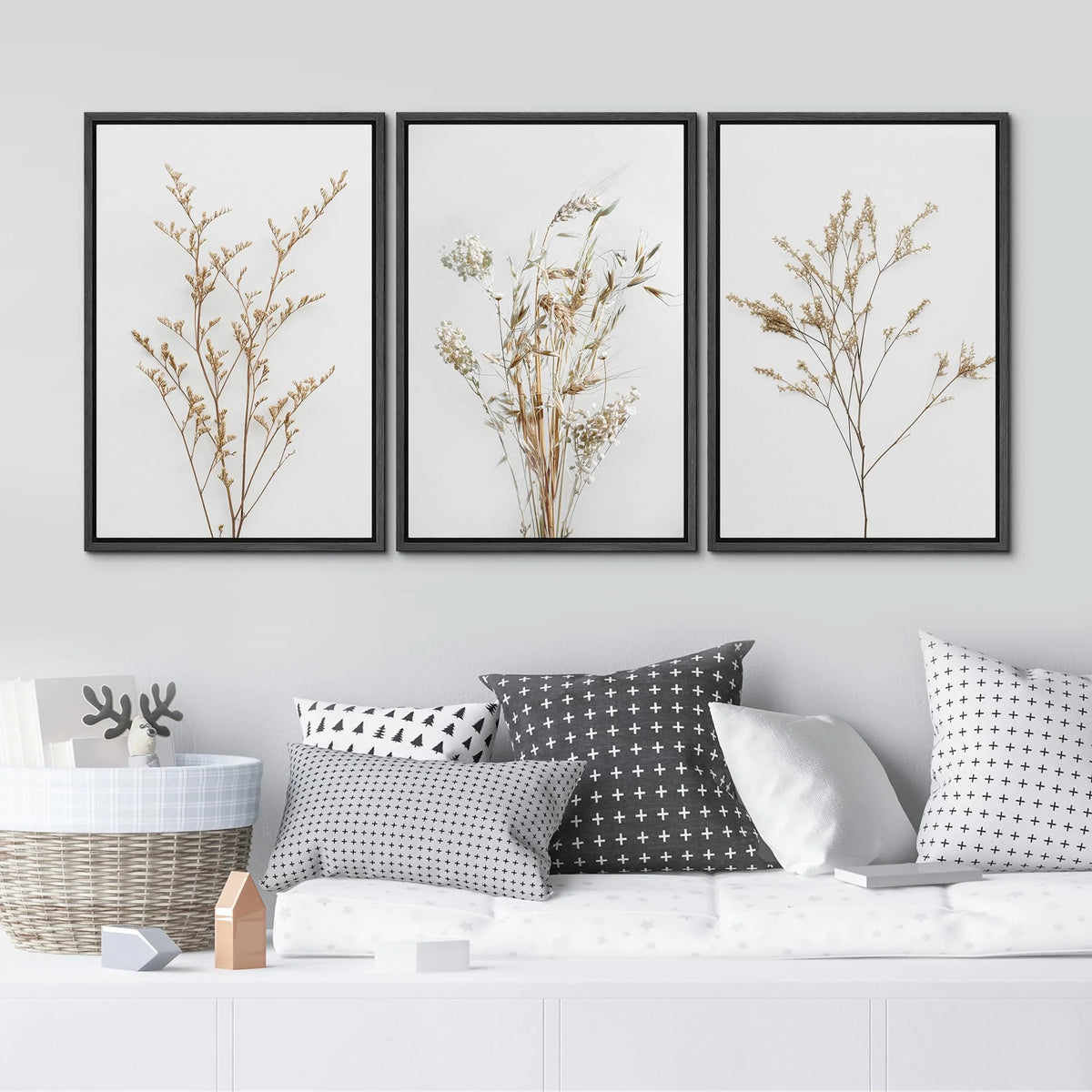 IDEA4WALL Framed Canvas Print Wall Art Set of 3 Wildflower Floral Botanical Prints, Modern Farmhouse Flowers Wall Decor, Large Wall Art, Minimalist Artwork for Home Decor - Black 16"x24"x3
