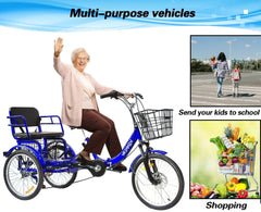 Tricycle 7 Speed, 20 inch 3 Wheel Bikes Folding Tricycle for Adults Star Strip Blue