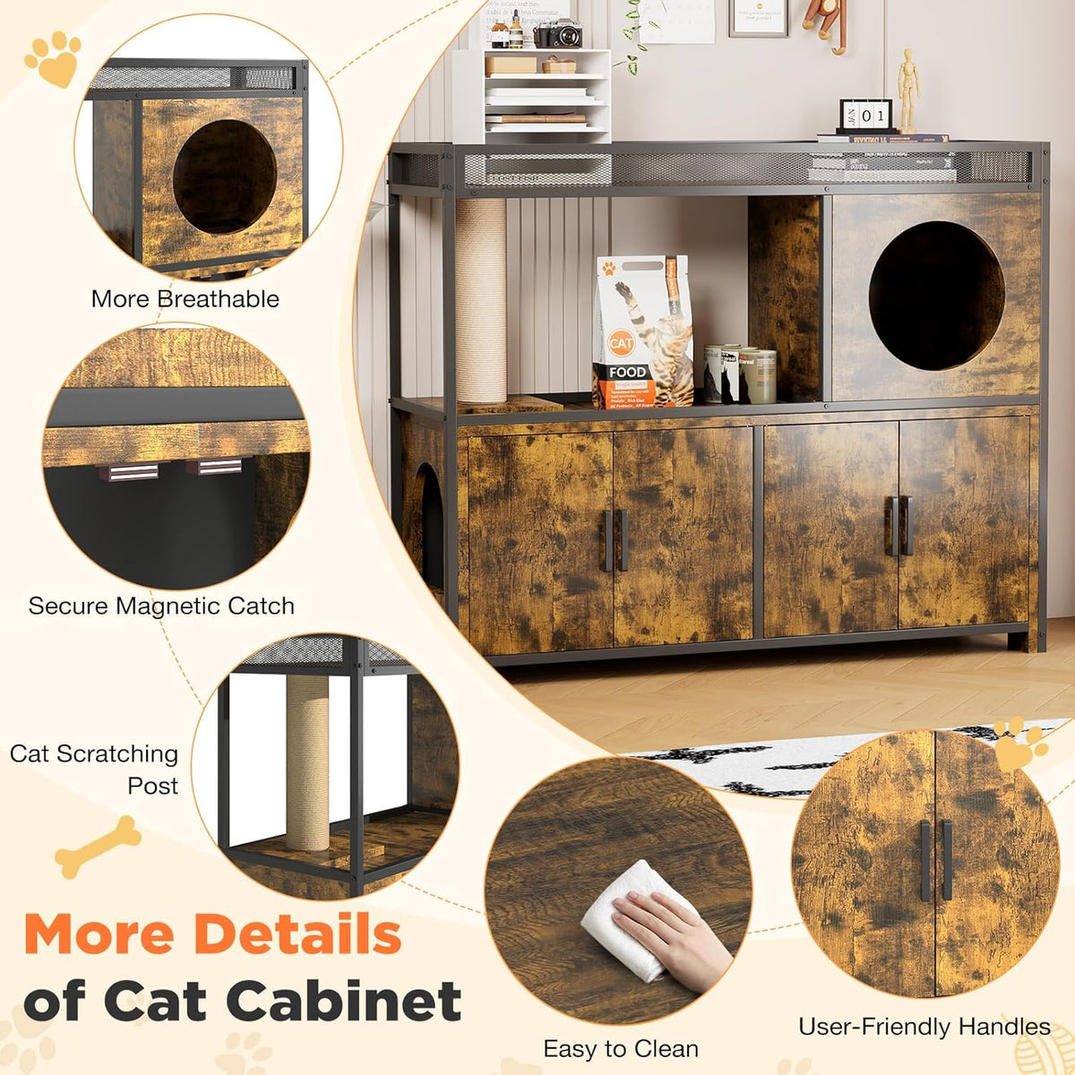 AECOJOY Double Litter Box Enclosure, Wooden Cat Washroom Furniture Hidden with Storage & Doors for 2 Cats
