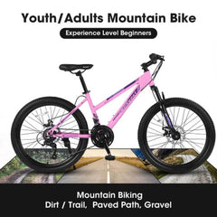 POWANLI 26" Mountain Bike for Women, 21 Speeds Mountain Bicycles with Dual Disc Brakes and 100mm Front Suspension, Pink(Gift)