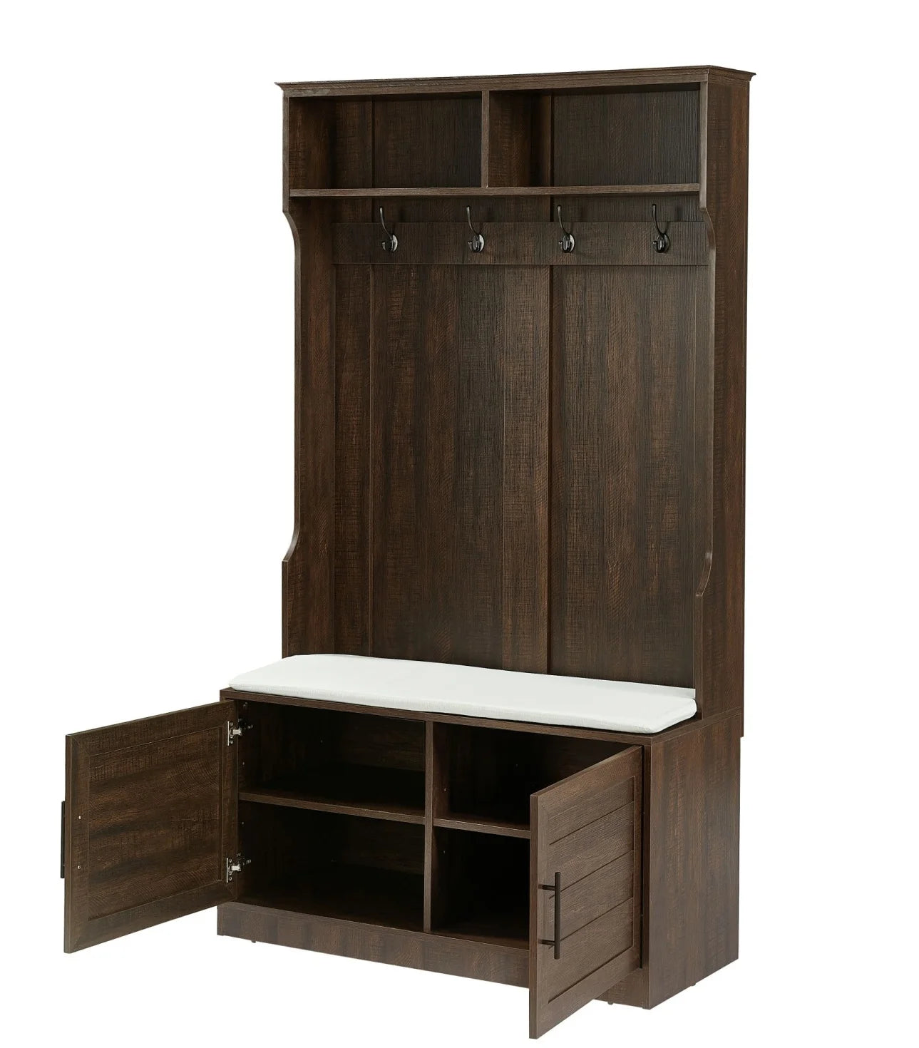 Entryway Hall Tree with Storage Bench, Wooden Coat Rack with Sponge Pad and 4 Dual Hooks, Storage Shelf Organizer with 2 - Door Cabinet for Entryway, Bedroom, Easy to Assemble