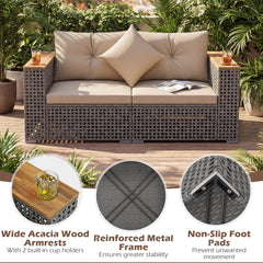 Tangkula 62.5" Large Patio Wicker Loveseat with Acacia Wood Armrests & Cup Holders