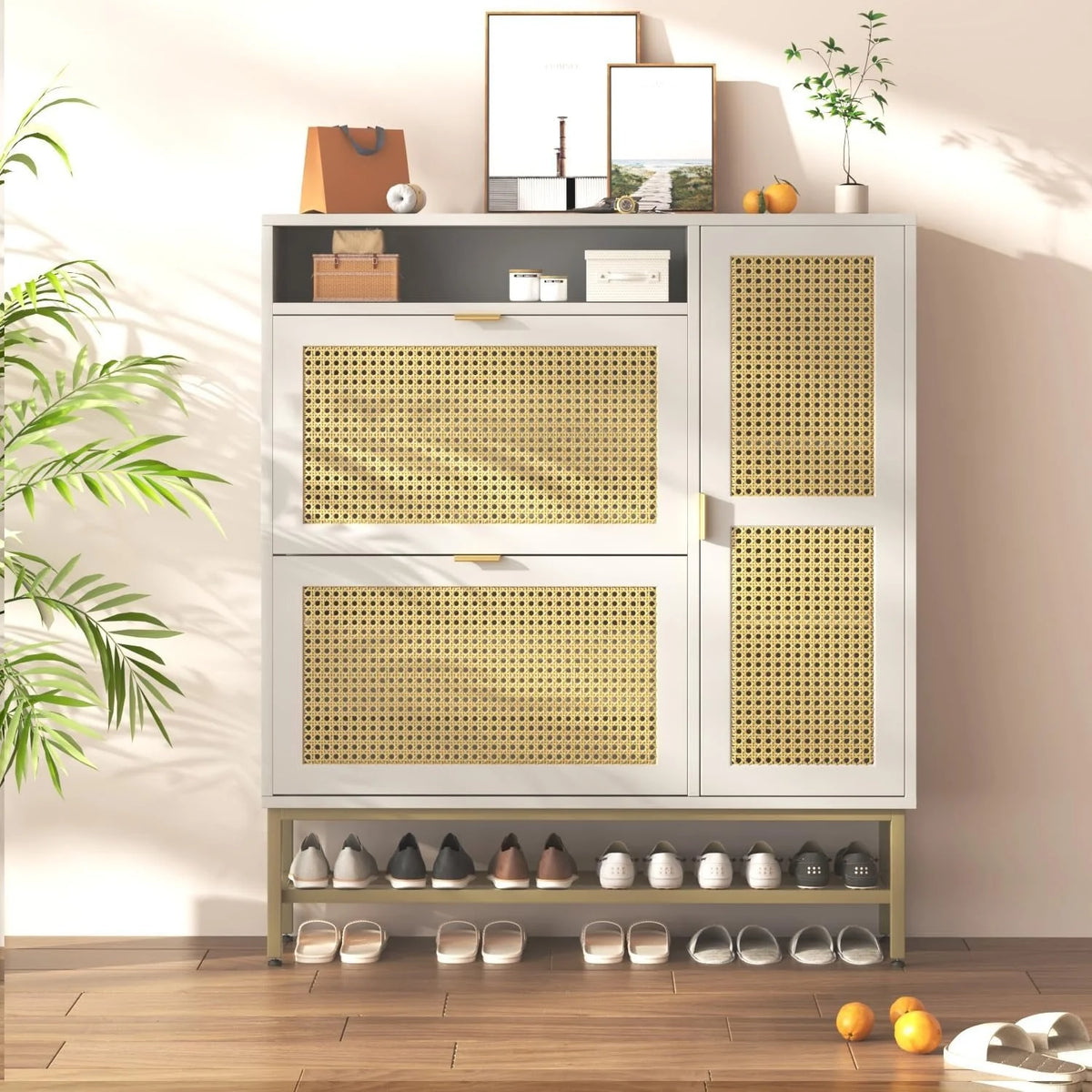 AECOJOY Rattan Shoe Cabinet with 3 Flip Drawers, Free Standing Shoe Storage Organizer with Adjustable Shelves, Fits 13 Shoes