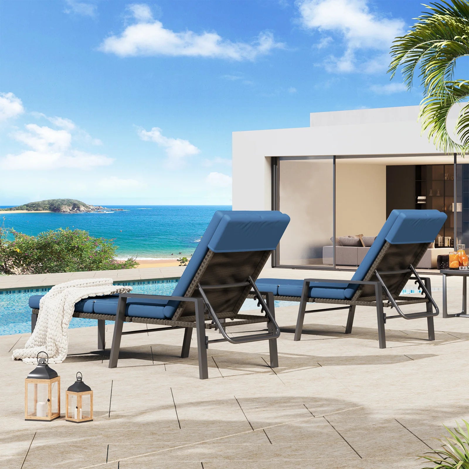 AECOJOY Chaise Lounge Chairs for Outside Set of 2, Adjustable Wicker PE Rattan Patio Pool Recliner Chair with Removable Cushion