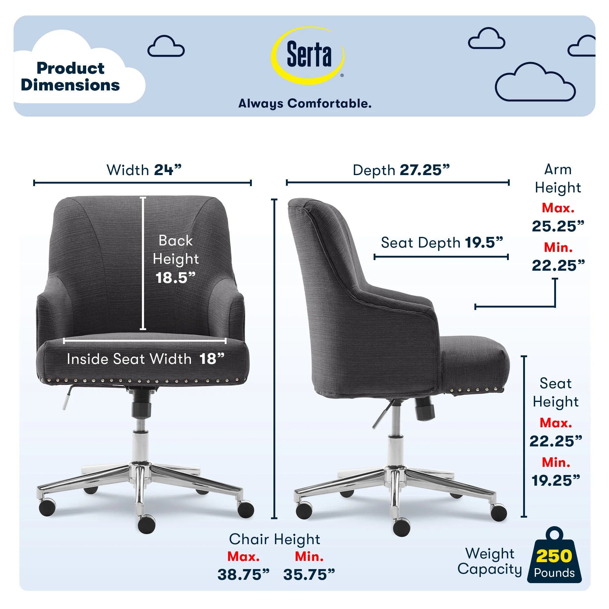 Serta Leighton Home Office Desk Chair Chrome Nailheads Twill Fabric Lilac Purple