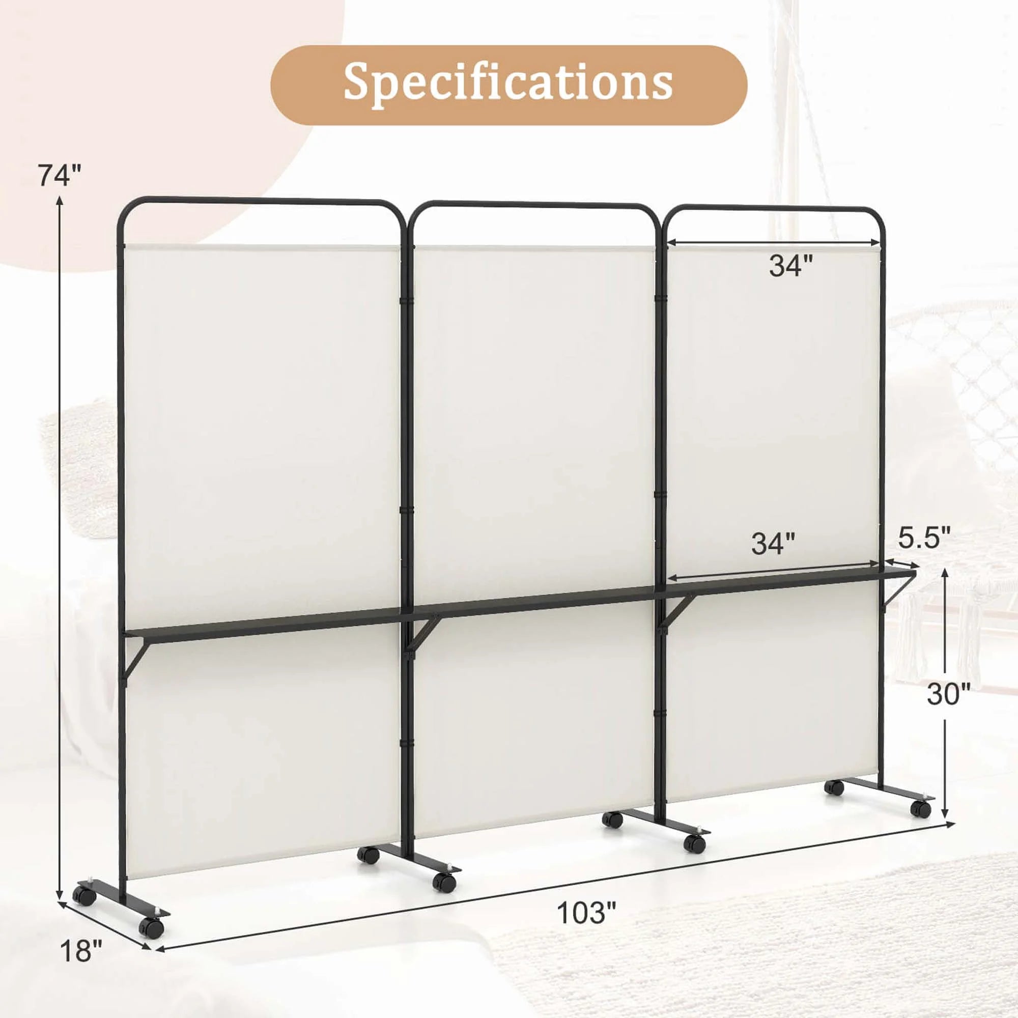 Costway 3 - Panel Room Divider with Storage Shelves 6FT Tall Folding Privacy Screen on Wheels Black