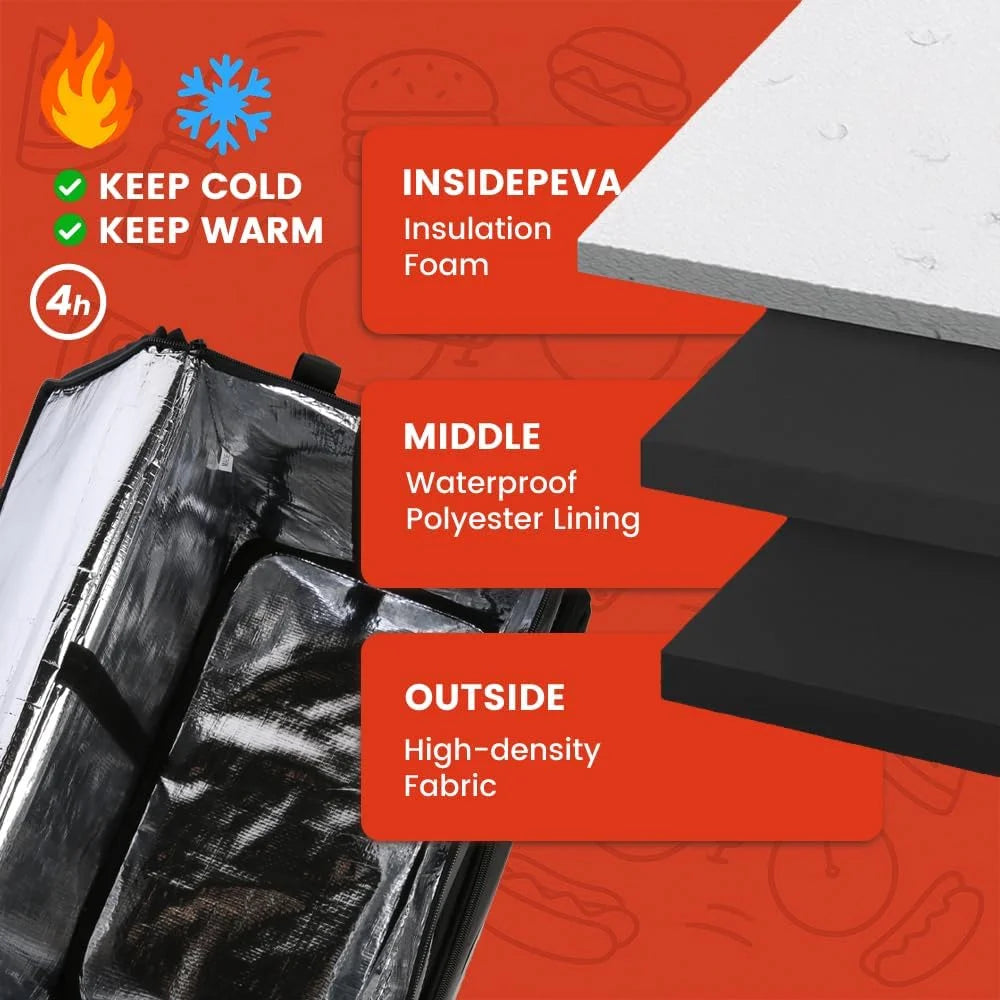Large Insulated Food Delivery Bag, Expandable Cooler Backpack for Doordash Uber Eats, Reflective Strip Cup Holders, Reusable Pizza Carrier with Hand Straps, Bike Motorcycle Use