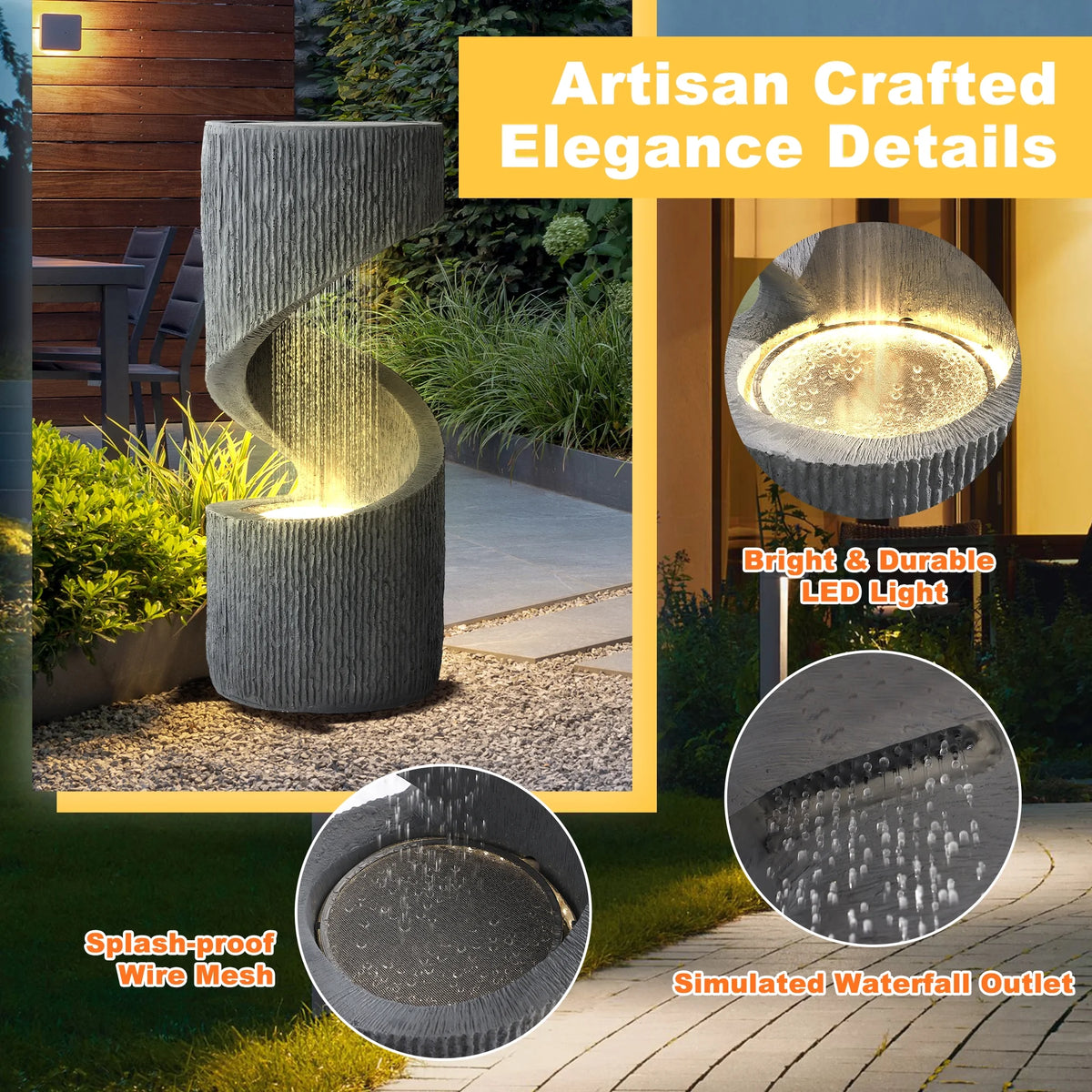 Magic Union Outdoor S - Shaped Water Fountain, Spiral Waterfall Indoor Fountain Outside Garden Decor with LED Lights & Pump, Curved Patio Resin Fountains for Yard, Deck, Porch and Home Decorations