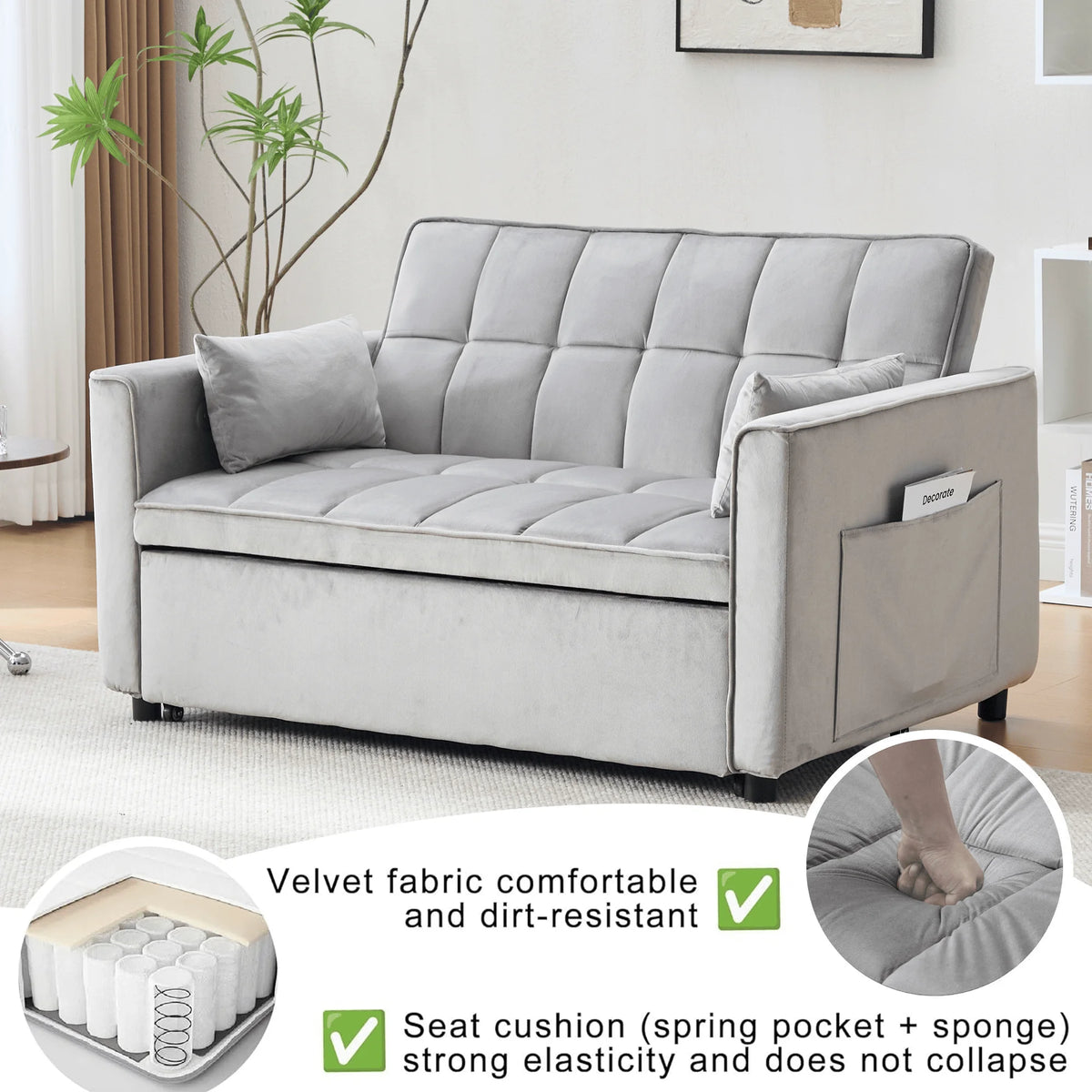 Velvet 3 - in - 1 Convertible Sofa Bed - USB Charging, Adjustable Backrest Pull - Out Couch Loveseat Sleeper for Living Room, Apartment & Small Space, Black