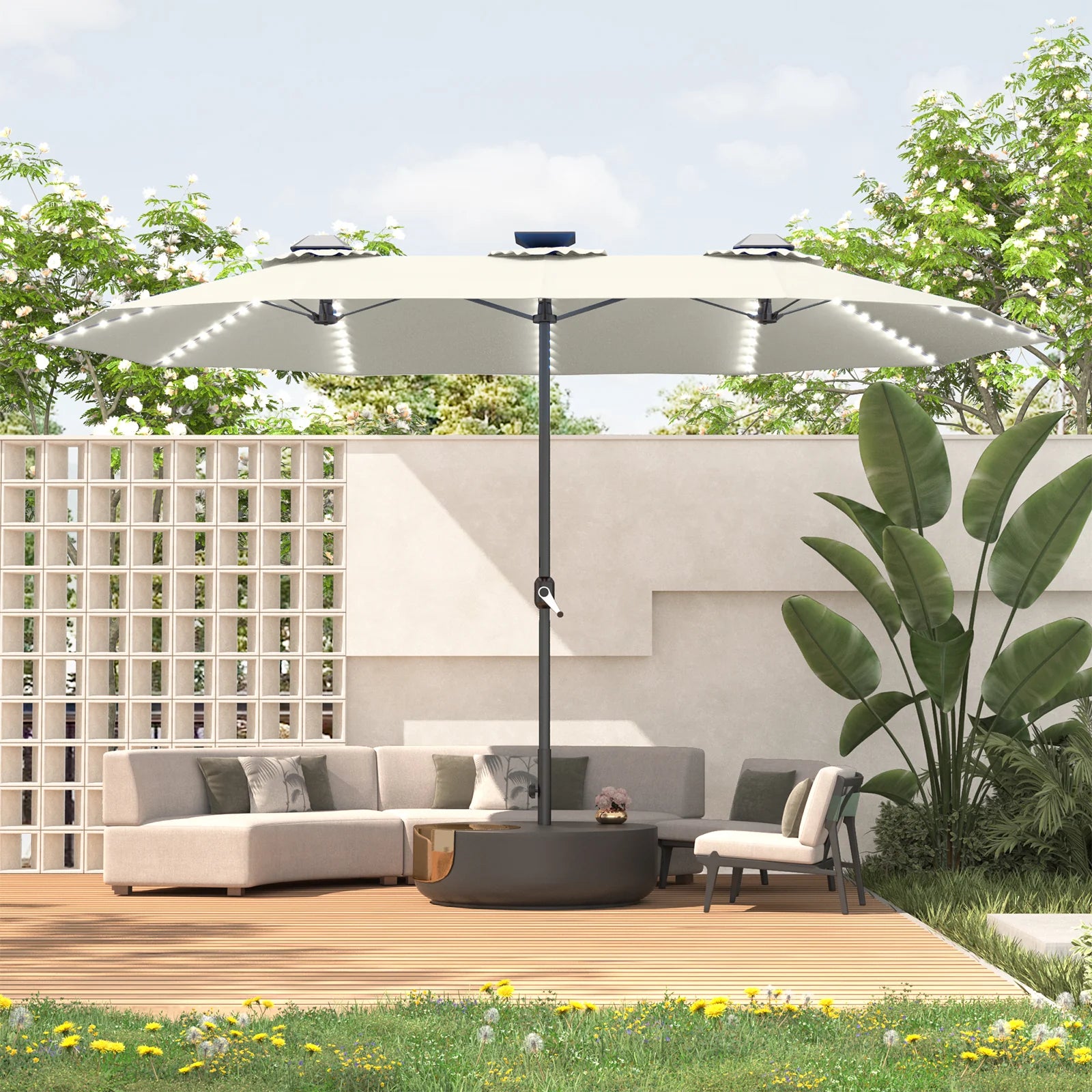 AECOJOY 15ft Patio Double-Sided Umbrella, 156 PCS Solar LED Light Outdoor Large Umbrella, Ivory