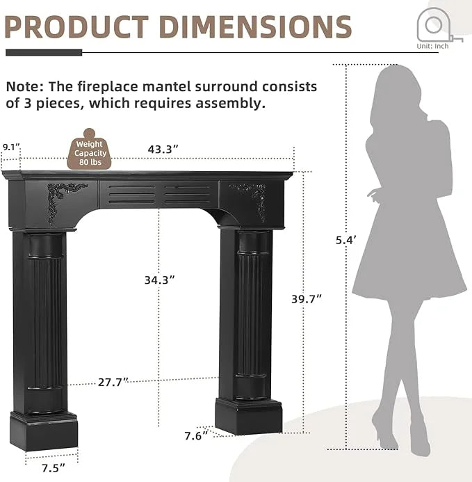 EPICOZY 43.3" Fireplace Mantel, Freestanding Fireplace Surround with Leg for Electric Fireplaces, MDF Mantel Surround with Shelf for Living Room with Decorative Pattern, Anti - Tipping & Waterproof