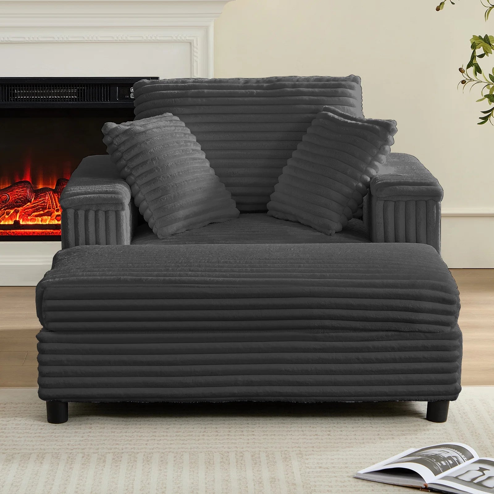 ZAFLY 44" Modern Corduroy Accent Armchair with Storage Ottoman for Living Room, Black