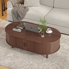 Oval Coffee Table, 42.5" Drum Coffee Table with Sliding Tambour Door, Fluted Accent Center Table with Storage, Mid Century Modern Coffee Table for Living Room, Center Table Walnut