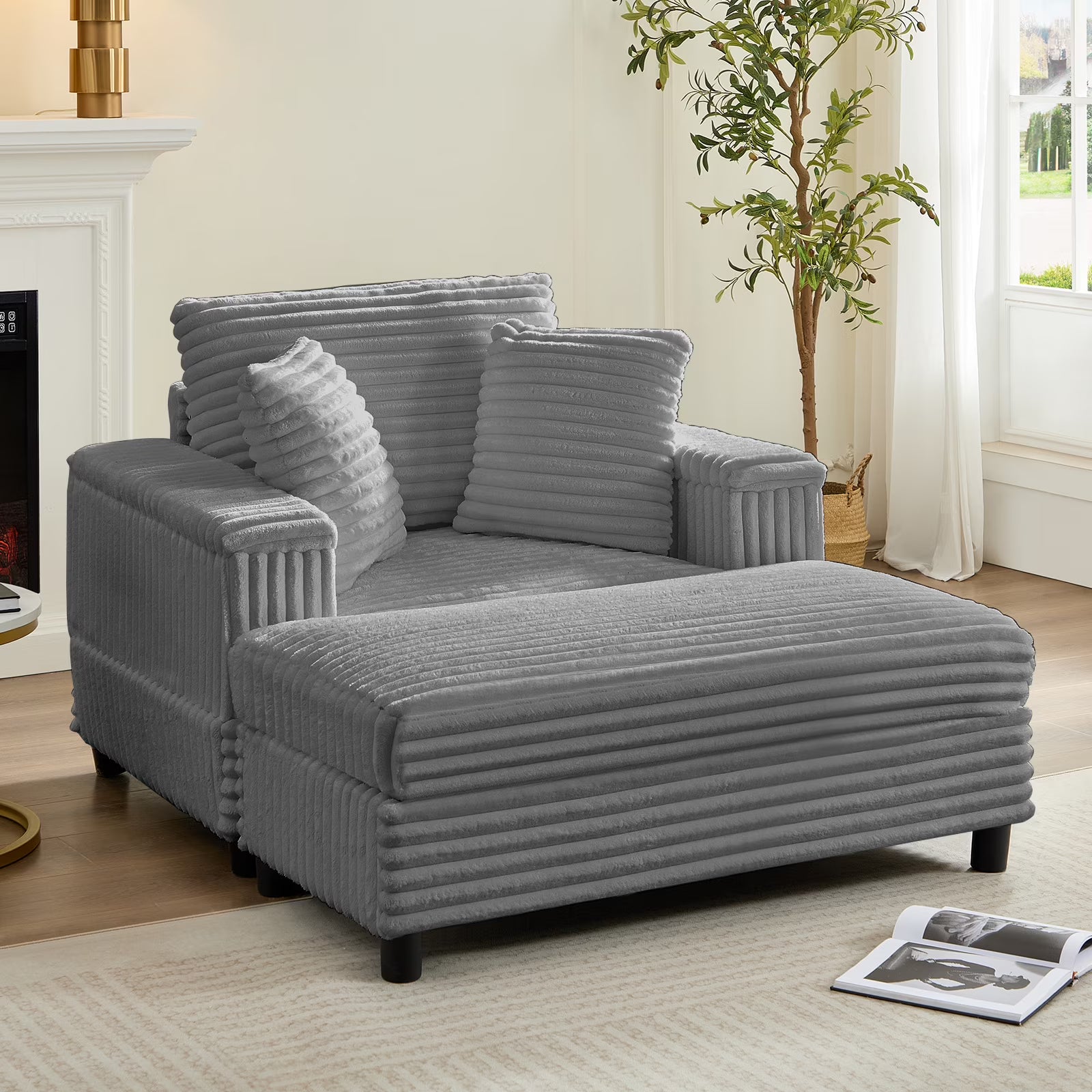 ZAFLY 44" Modern Corduroy Accent Armchair with Storage Ottoman for Living Room, Black