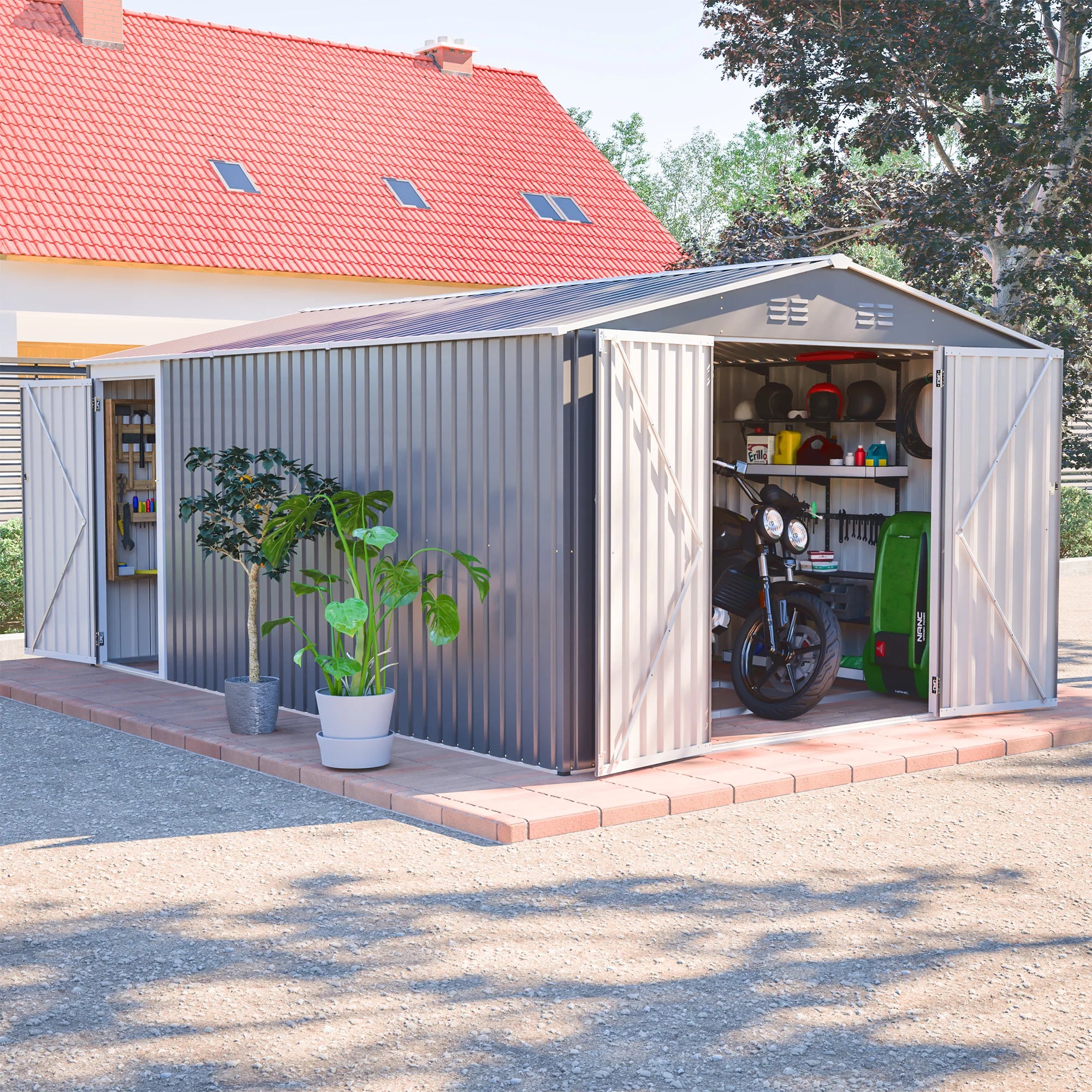 AECOJOY 10x14 FT Outdoor Metal Storage Shed, Large Garden Shed Tool Shed with 3 Lockable Doors & Side Door