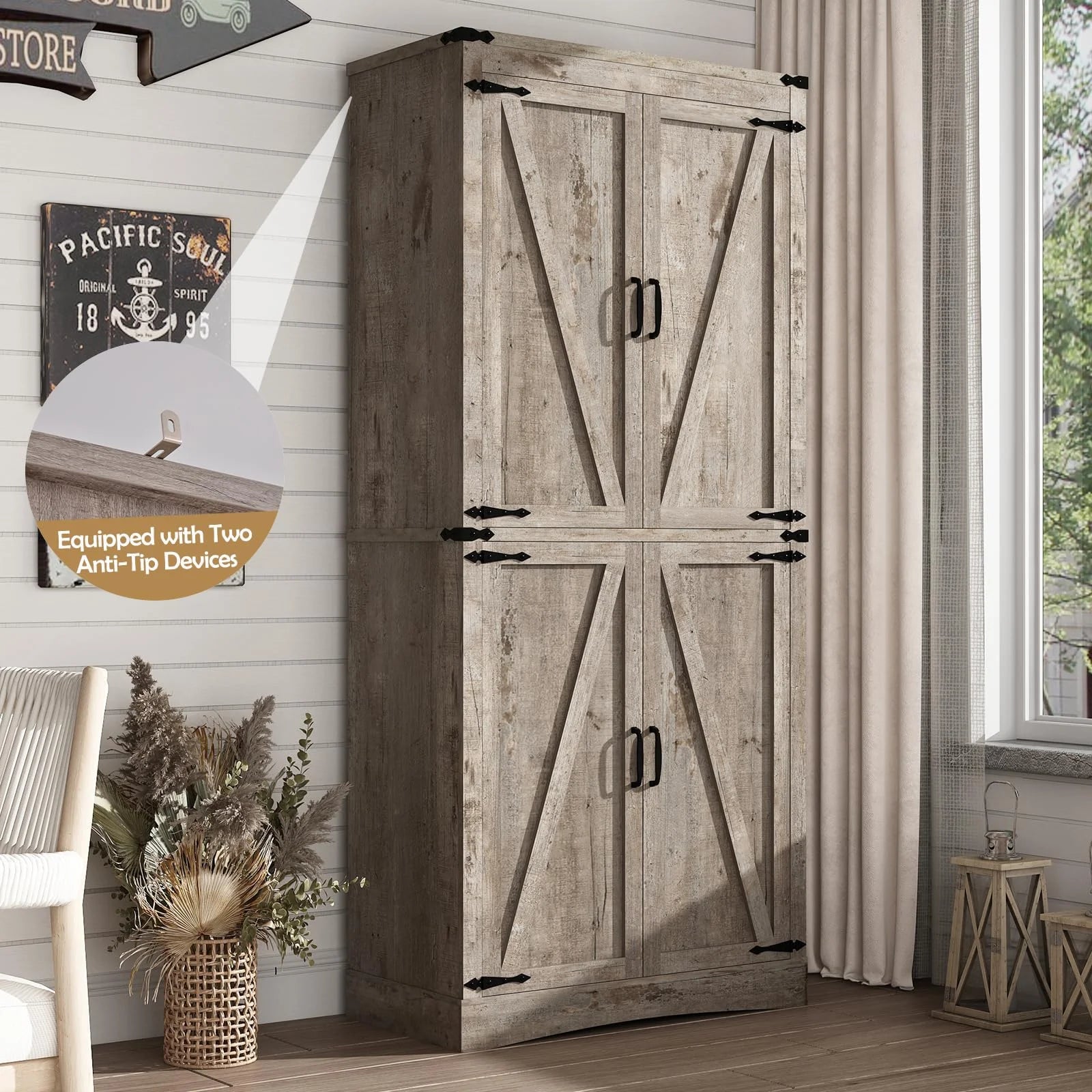 71" Tall Farmhouse Kitchen Pantry Cabinet, 5 Layers Storage Cabinet with Adjustable Shelves, Farmhouse Pantry Cabinet with 4 Barn Doors for Kitchen, Dining Room, Bathroom, Living Room, Rustic White
