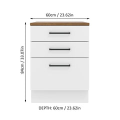 Madesa Hazel Kitchen Storage Base Cabinet with 3 Drawers 23 in Wide Engineered Wood Painted Finish Floor Mount Removable Plinth - White
