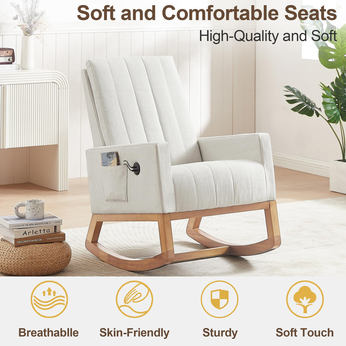 VECELO Rocking Chair Nursery Upholstered with Padded Seat