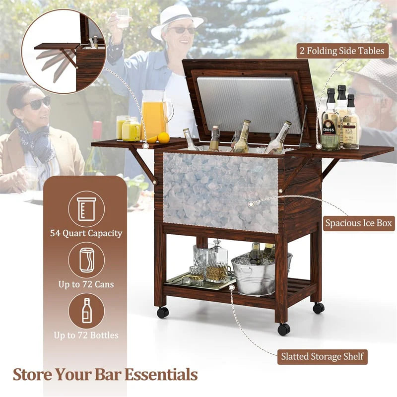 54 Quart Wooden Rolling Cooler Cart, Patio Ice Chest with 2 Drop Leaf Tables, Bottle Opener & Bottom Shelf, Insulated Pine Wood Beverage Bar for Party