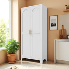 Metal Storage Cabinet with Doors and Adjustable Shelves, 71'' 2 Shapely Doors Cabinet, 5 - Tier Tall Steel Locker for Bedroom, Living Room, Office, Home, White
