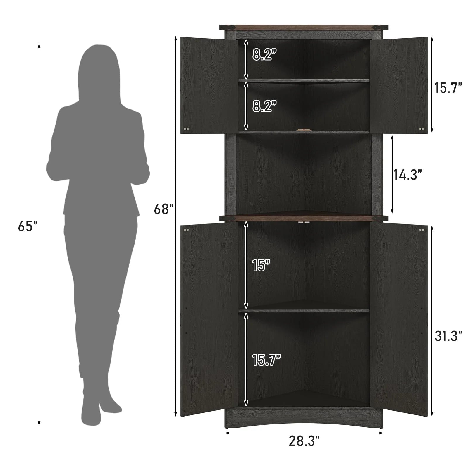 Blotout 68" Tall Farmhouse Corner Cabinet with 4 Doors, 28.3" W Barn Door Storage Cabinet with Adjustable Shelves, 5 Tier Corner Storage Cabinet for Bathroom, Living Room, Kitchen