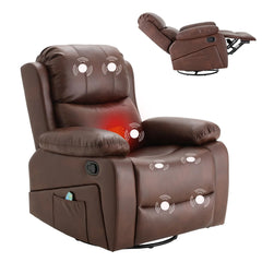 AECOJOY 360° Swivel Recliner Chair with Massage and Heat, Manual Reclining Leather Recliner Chair, Brown
