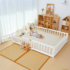 Slsy Twin Size Toddler Floor Bed, Solid Wood Montessori Bed Frame with Fence & Door Montessori Floor Bed Crib with Safety Guardrails for Girls and Boys