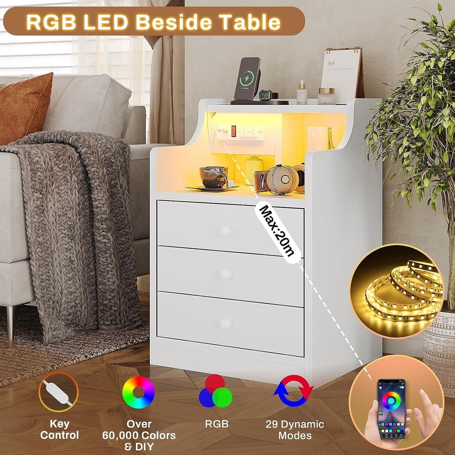 Nightstand with 3 Drawers and Shelves, Night Stand with LED Lights and USB Port Charging Station, LED Bedside Table with Hutch, Black