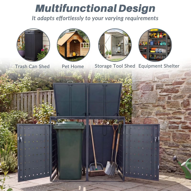 Outdoor Metal Garbage Bin Storage Shed for 2 Trash Cans, 44 Cu.Ft Double Trash Can Enclosure w/ Gas Struts & Lockable Doors, Patio Garden Bin Cabinet