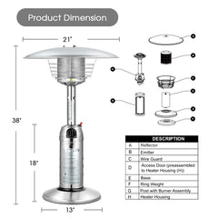 11,000 BTU Tabletop Propane Patio Heater, Portable Stainless Steel Outdoor Heater with Adjustable Flame & Tip-Over Protection for Backyard Restaurant