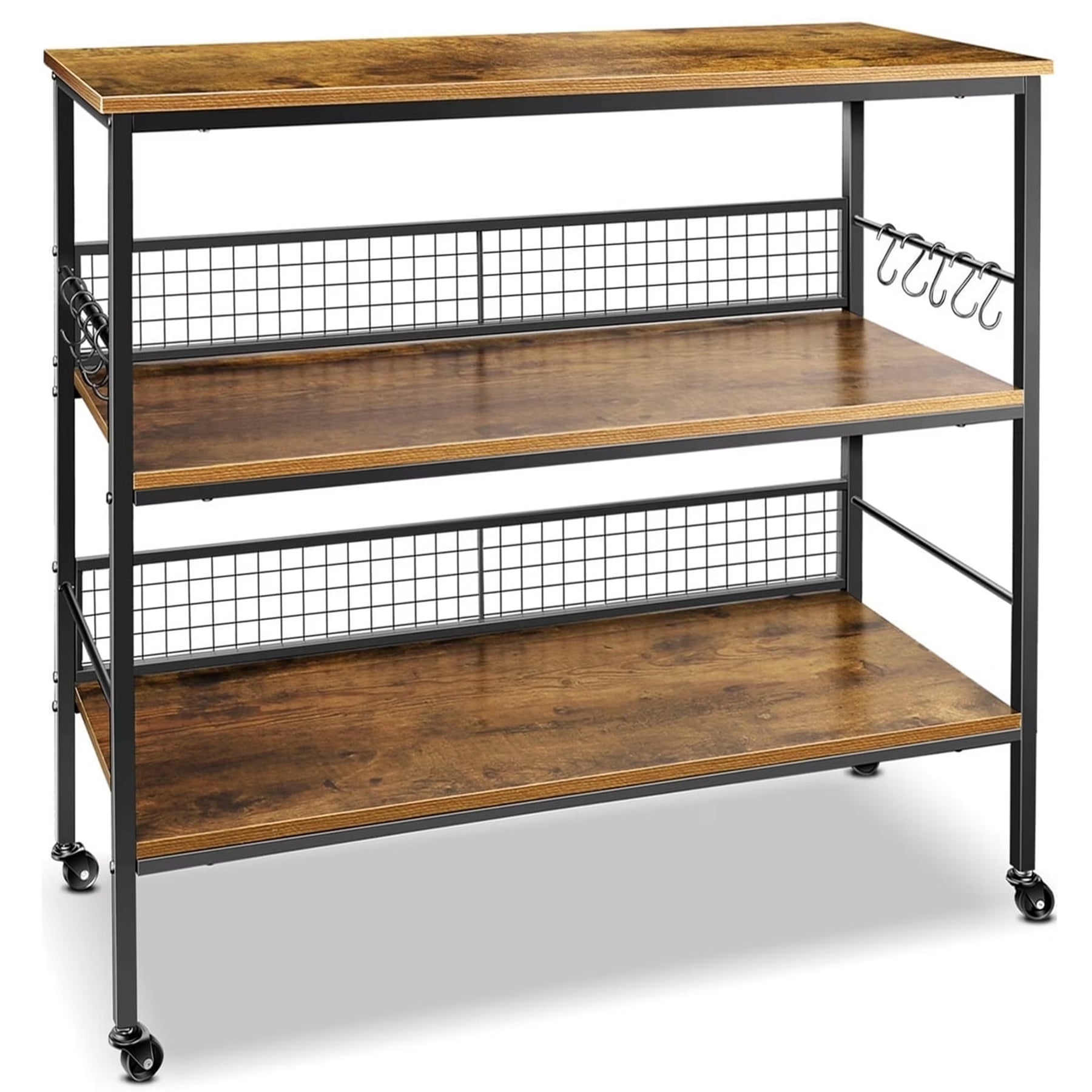 Behost 3 - Tier Rolling Cart Microwave Stand with 10 Hooks, Coffee Bar Kitchen Storage Rack Organizer, Rustic Brown