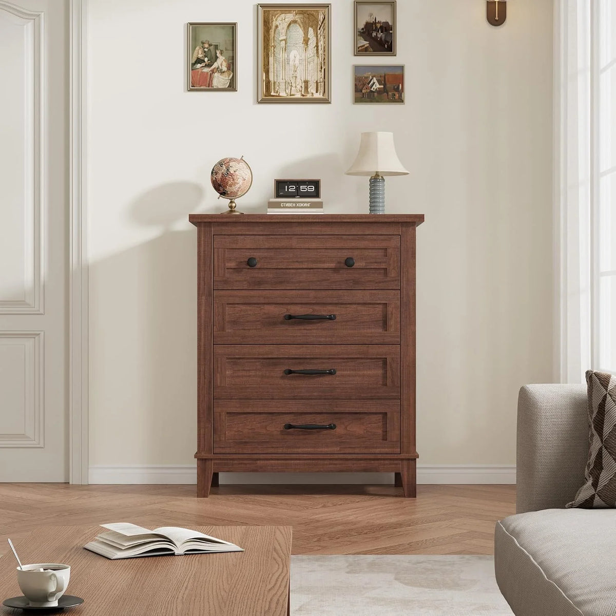 4 Drawer Dresser for Bedroom, 34.8" Tall Bedroom Dresser with Large Drawer& Black Handles, Wooden Storage Organizer Cabinet Chest of Drawer for Living Room, Hallway