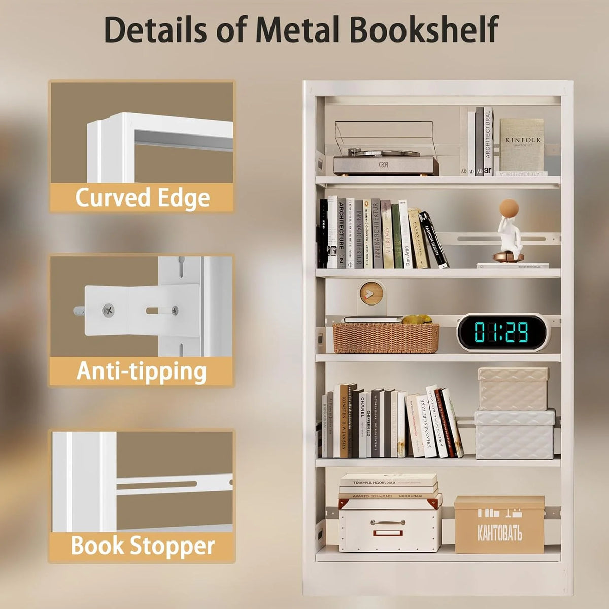 5 Tier White Metal Bookshelf, 71" H Bookcase with Adjustable Shelves, Heavy Duty Storage Bookshelves Tall Bookcase for Library, Office, Bedroom, Living Room, Classroom, Including Book Stopper(White)