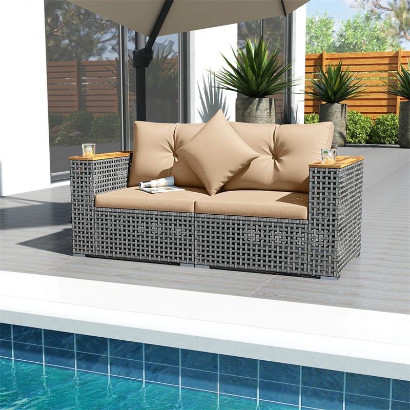 62.5" Patio Wicker Loveseat w/ Acacia Wood Armrests & Cup Holders, 2PCS Modular Rattan Corner Sectional Sofa w/ Cushions & Pillows for Backyard