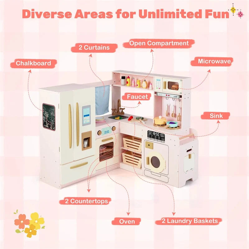 Corner Kids Kitchen Playset with Trash Can, Real Lights & Sounds, 2-Door Fridge, 22 Accessories, Wooden Pretend Play Kitchen for Toddlers 3+