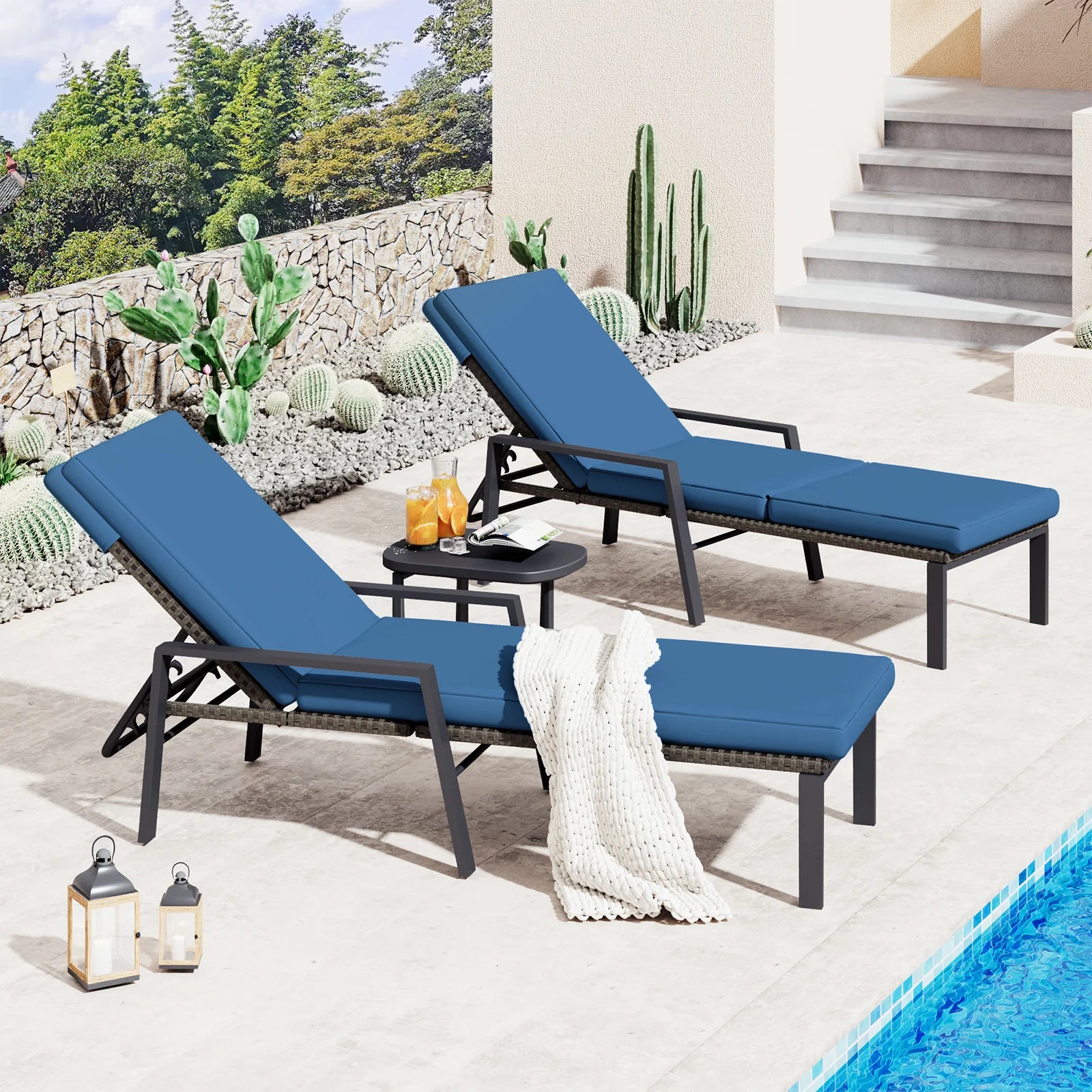 AECOJOY Chaise Lounge Chairs for Outside Set of 2, Adjustable Wicker PE Rattan Patio Pool Recliner Chair with Removable Cushion